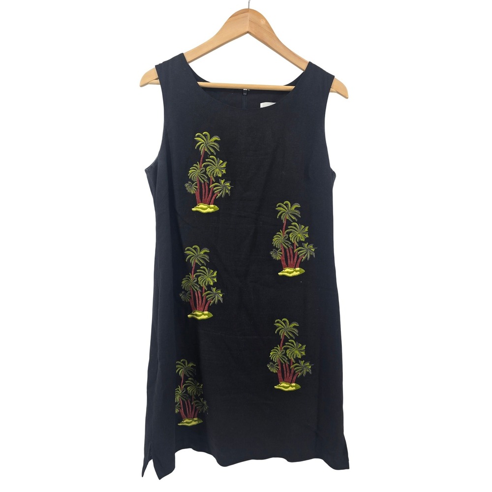 Ultra Dress Shift Dress Womens 10 Black Palm Tree Embroidered Linen Blend Mini